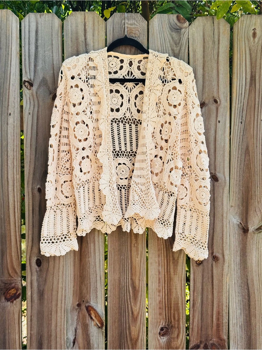 Vintage boho cottagecore hand ivory crochet open front cardigan